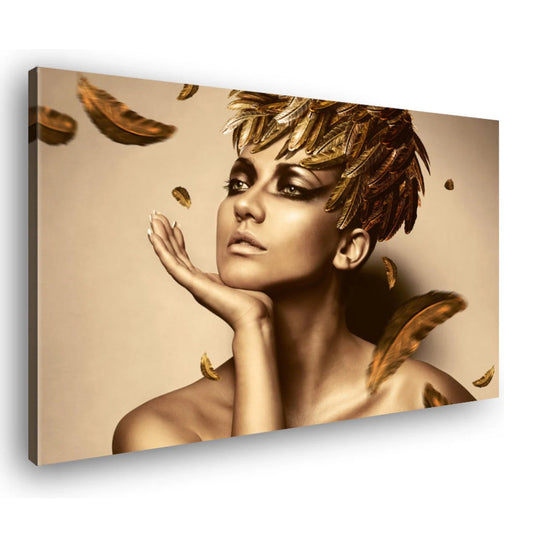 Canvas Schilderij Vrouw Met Gouden Veren