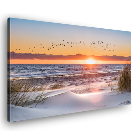 Canvas Schilderij Zonsondergang Strand Met Vogels