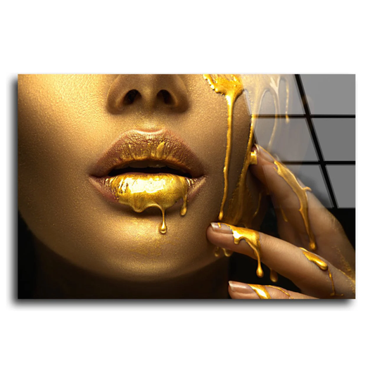 Glasschilderij Vrouw Gouden Verf Make Up