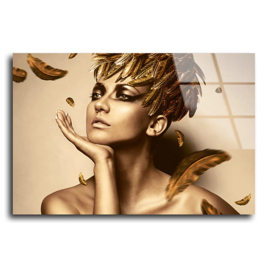 Glasschilderij Vrouw Met Gouden Veren